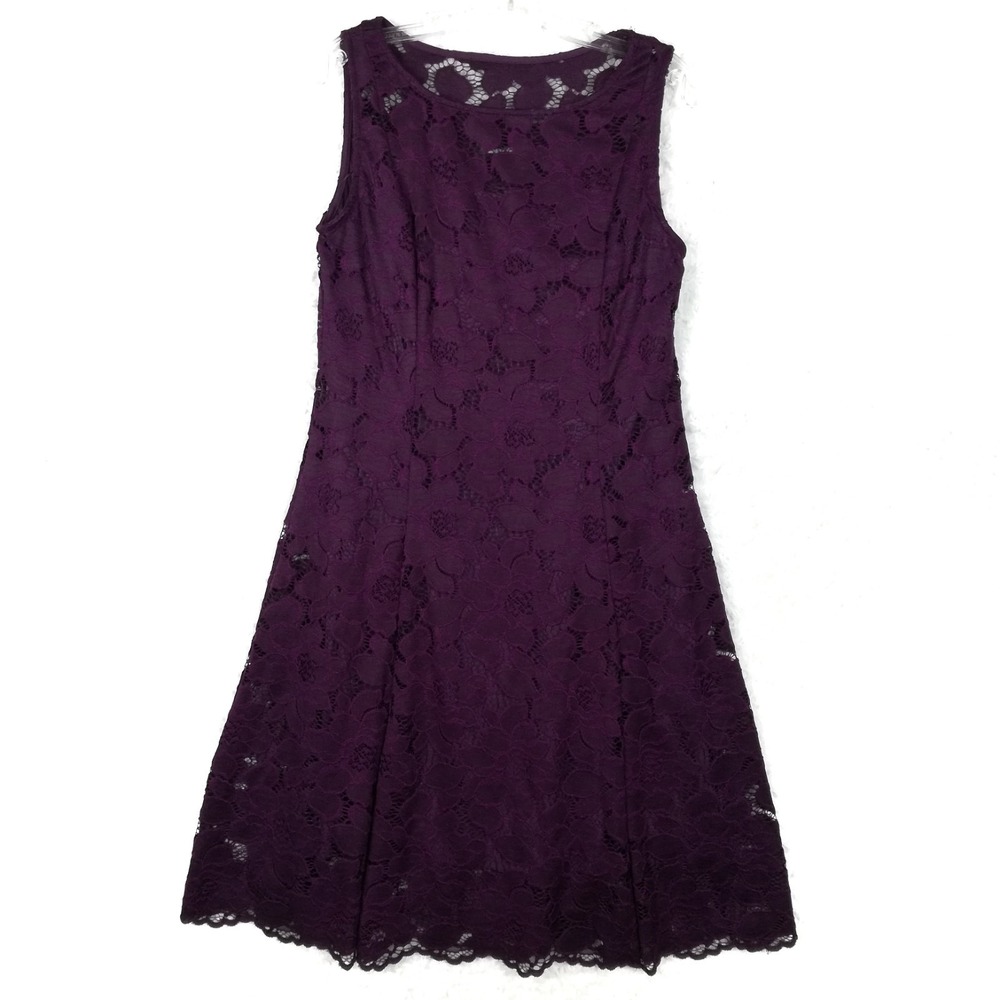 Liz Claiborne Womens Dress Fit And Flare Eggplant Purple Floral Lace 8 New